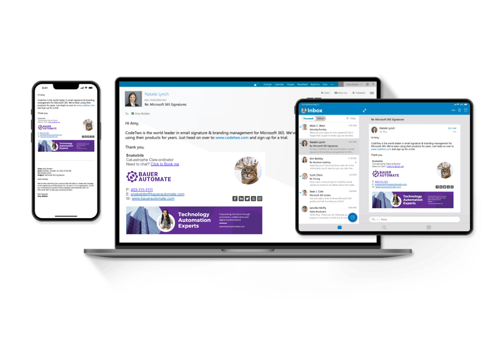 Business professionals using multiple devices with consistent email signatures